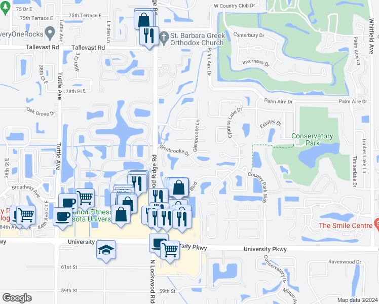 map of restaurants, bars, coffee shops, grocery stores, and more near 4633 Glenbrooke Drive in Sarasota