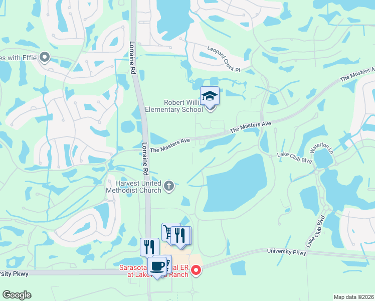 map of restaurants, bars, coffee shops, grocery stores, and more near 14705 The Masters Ave in Lakewood Ranch