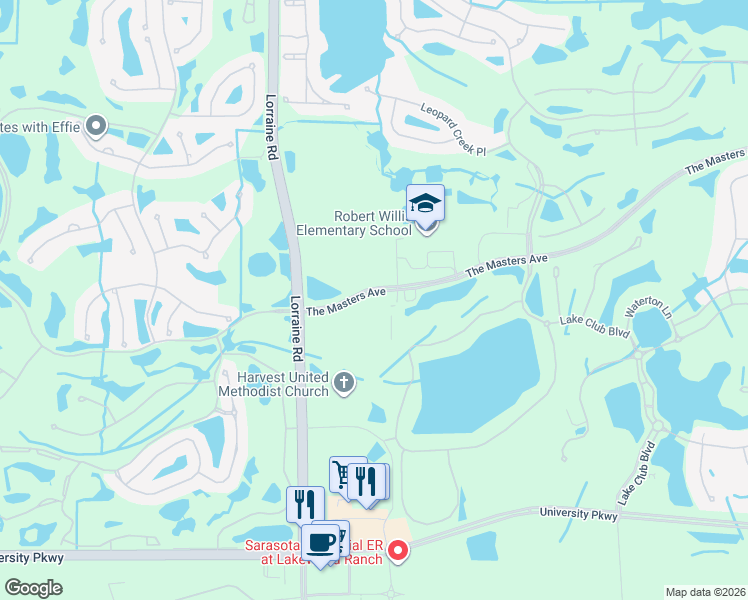 map of restaurants, bars, coffee shops, grocery stores, and more near 14705 The Masters Ave in Lakewood Ranch