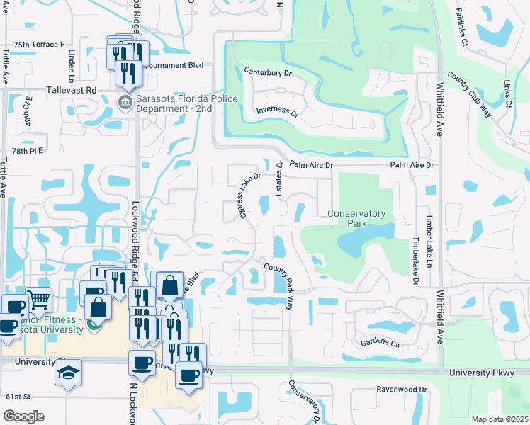 map of restaurants, bars, coffee shops, grocery stores, and more near 8008 Estates Drive in Sarasota