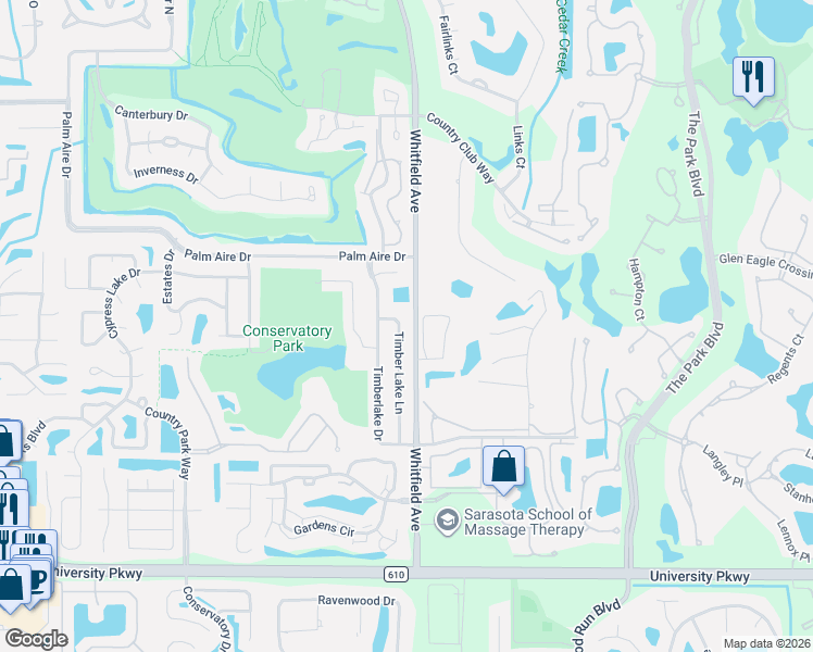 map of restaurants, bars, coffee shops, grocery stores, and more near 8017 Timber Lake Lane in Sarasota