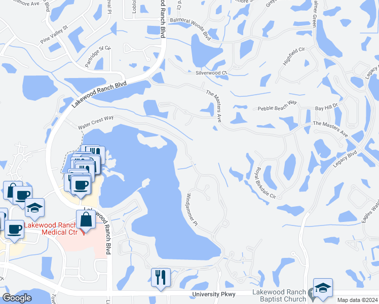 map of restaurants, bars, coffee shops, grocery stores, and more near 6465 Water Crest Way in Bradenton