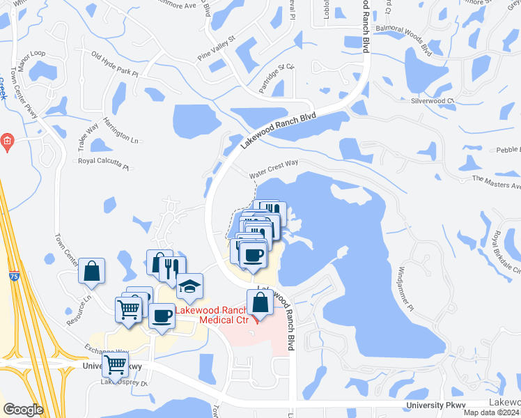 map of restaurants, bars, coffee shops, grocery stores, and more near 10540 Boardwalk Loop in Lakewood Ranch