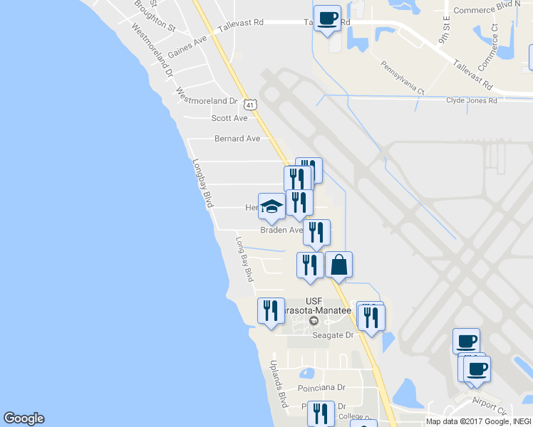 map of restaurants, bars, coffee shops, grocery stores, and more near 348 Hernando Avenue in Sarasota