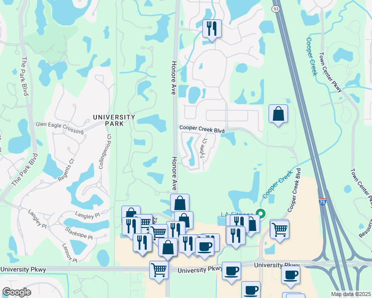 map of restaurants, bars, coffee shops, grocery stores, and more near 7743 Plantation Circle in Bradenton