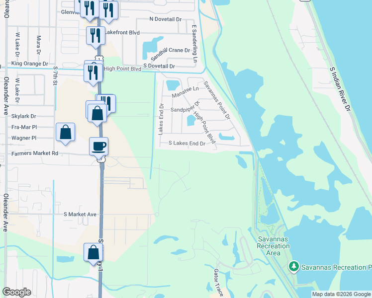 map of restaurants, bars, coffee shops, grocery stores, and more near 1203 South Lakes End Drive in Fort Pierce