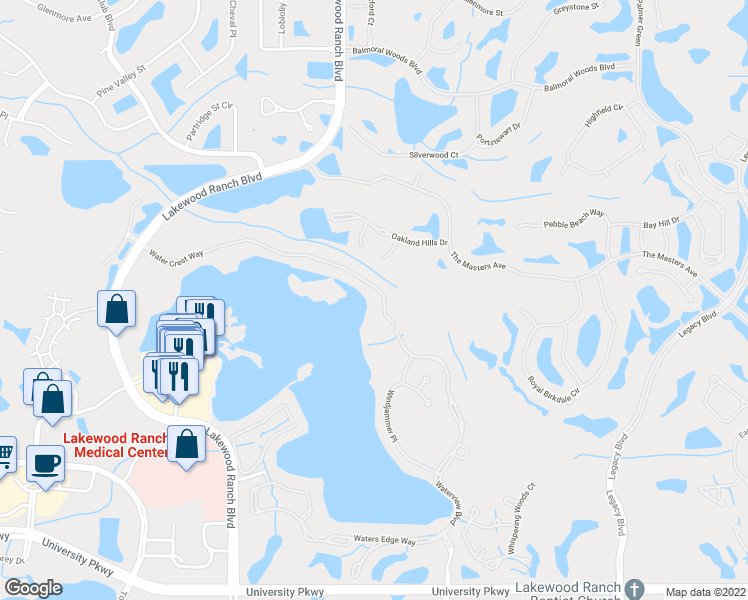 map of restaurants, bars, coffee shops, grocery stores, and more near 6465 Water Crest Way in Bradenton