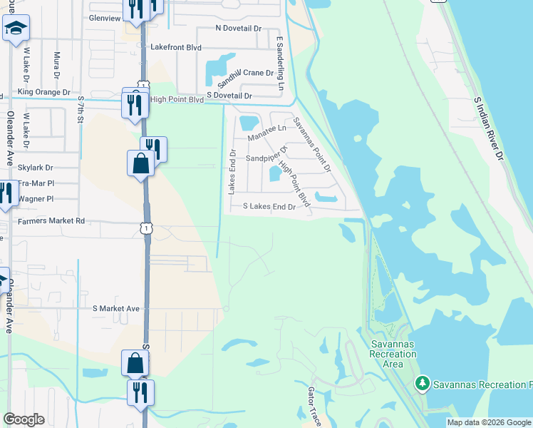 map of restaurants, bars, coffee shops, grocery stores, and more near 1203 South Lakes End Drive in Fort Pierce