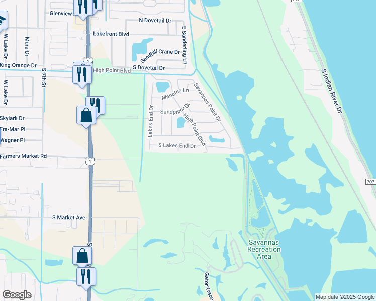 map of restaurants, bars, coffee shops, grocery stores, and more near 1207 South Lakes End Drive in Fort Pierce