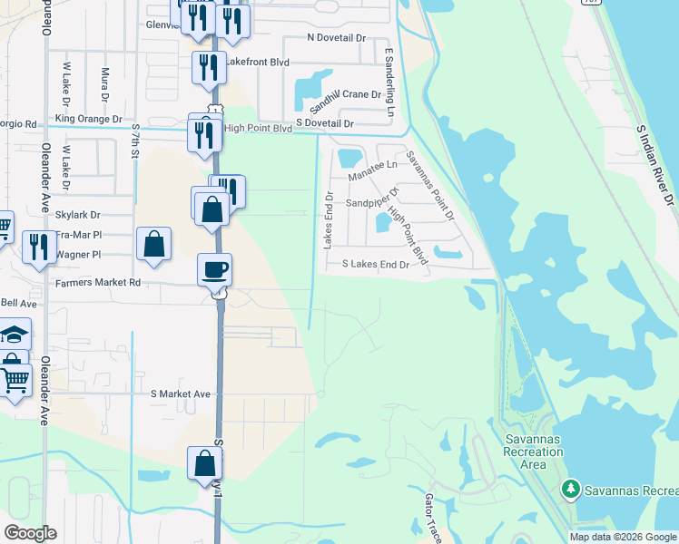 map of restaurants, bars, coffee shops, grocery stores, and more near 1203 South Lakes End Drive in Fort Pierce