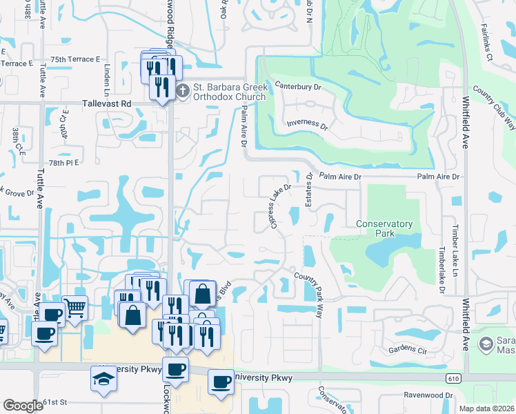 map of restaurants, bars, coffee shops, grocery stores, and more near 4911 80th Avenue Circle East in Sarasota
