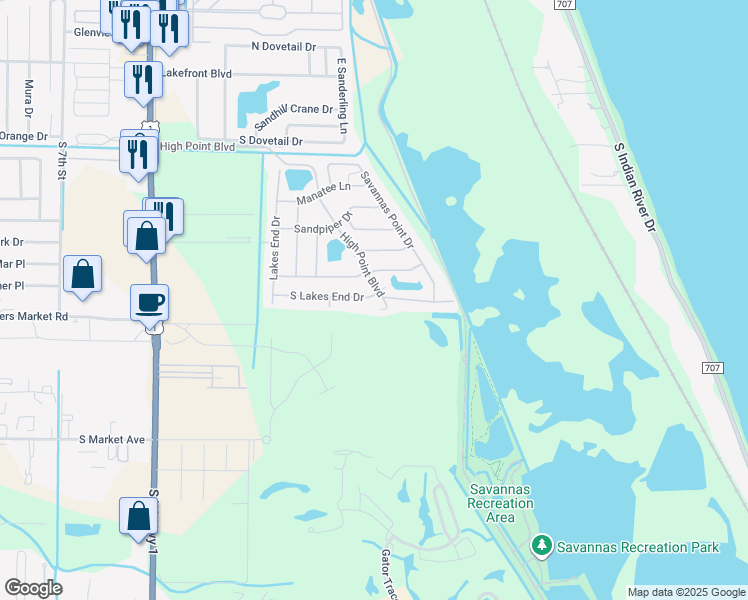map of restaurants, bars, coffee shops, grocery stores, and more near 1223 South Lakes End Drive in Fort Pierce