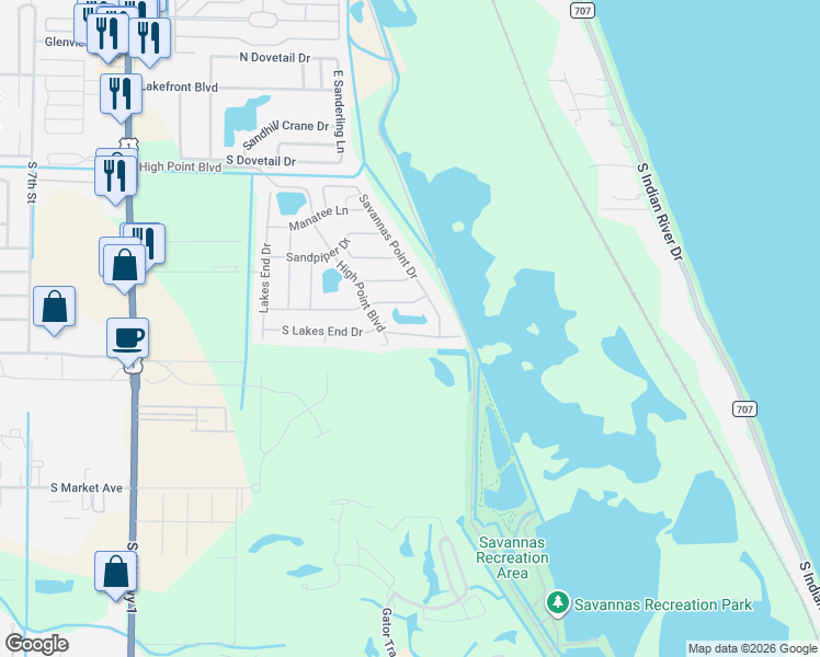 map of restaurants, bars, coffee shops, grocery stores, and more near 1234 South Lakes End Drive in Fort Pierce
