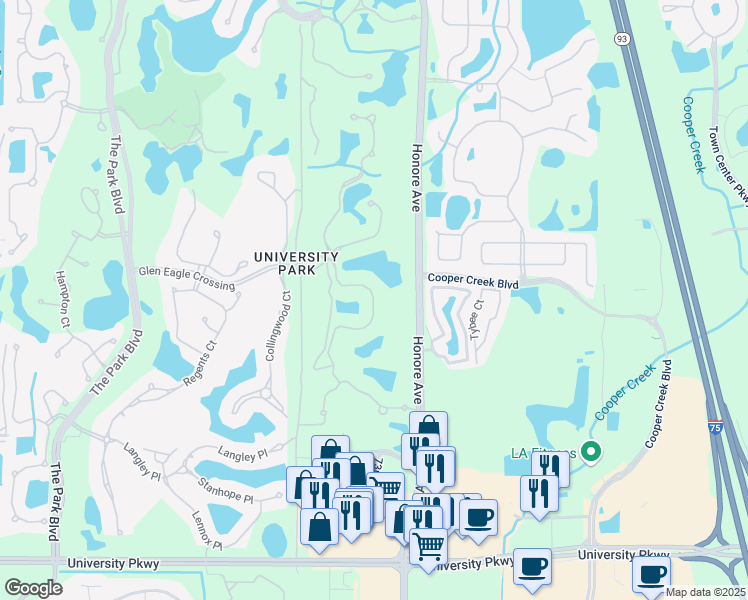 map of restaurants, bars, coffee shops, grocery stores, and more near 8020 Warwick Gardens Lane in Bradenton