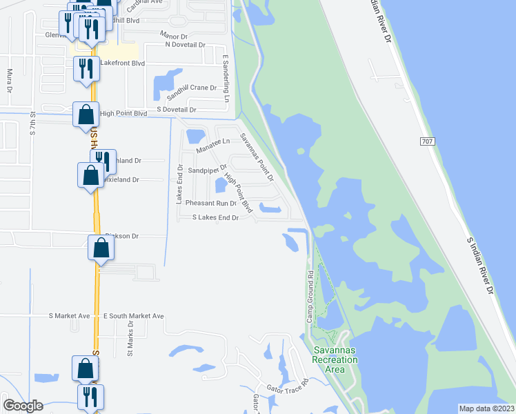 map of restaurants, bars, coffee shops, grocery stores, and more near 833 Timberview Drive in Fort Pierce