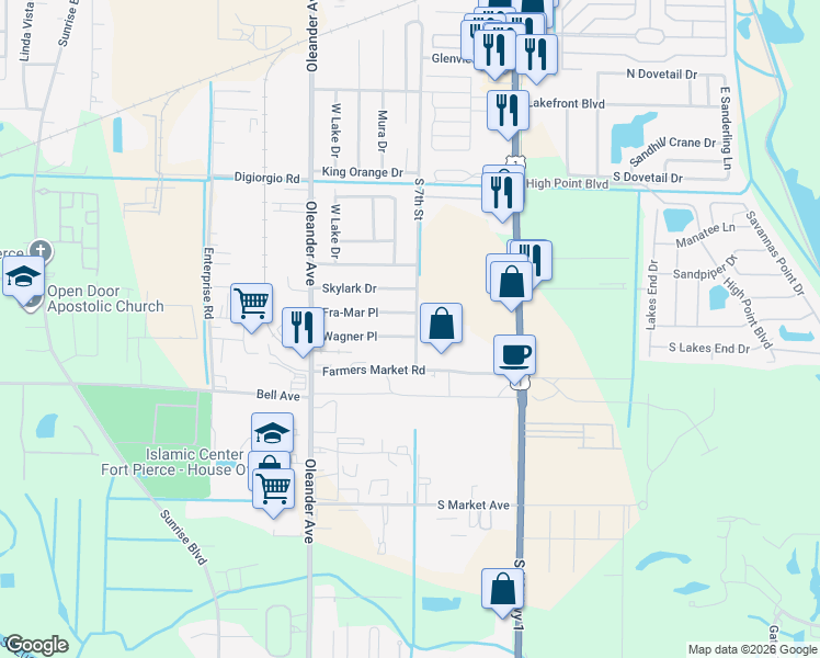 map of restaurants, bars, coffee shops, grocery stores, and more near 911 Fra-Mar Place in Fort Pierce