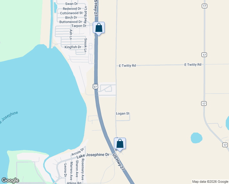map of restaurants, bars, coffee shops, grocery stores, and more near East Twitty Road in Sebring