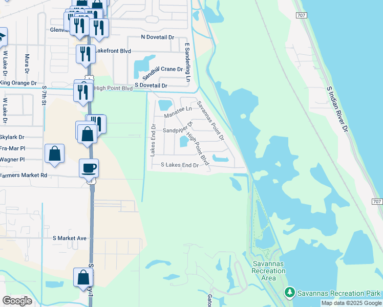 map of restaurants, bars, coffee shops, grocery stores, and more near 723 High Point Boulevard in Fort Pierce