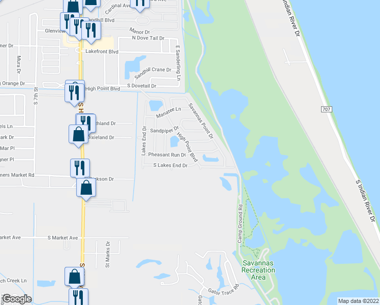 map of restaurants, bars, coffee shops, grocery stores, and more near 723 High Point Boulevard in Fort Pierce