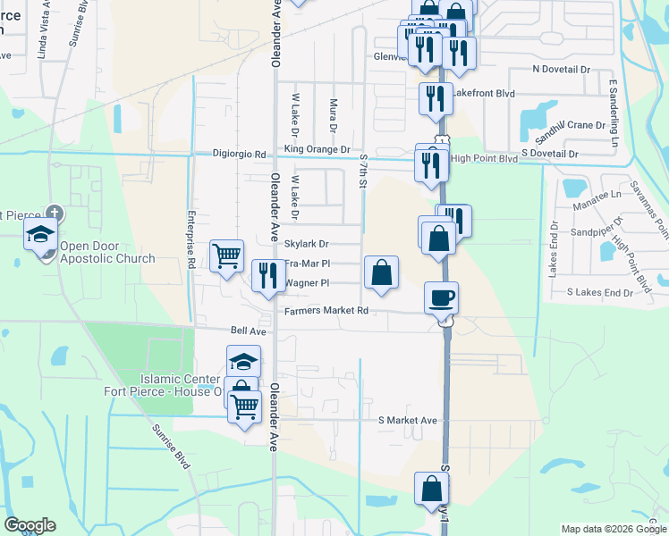 map of restaurants, bars, coffee shops, grocery stores, and more near 929 Fra-Mar Place in Fort Pierce