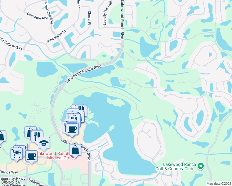 map of restaurants, bars, coffee shops, grocery stores, and more near 6430 Water Crest Way in Bradenton