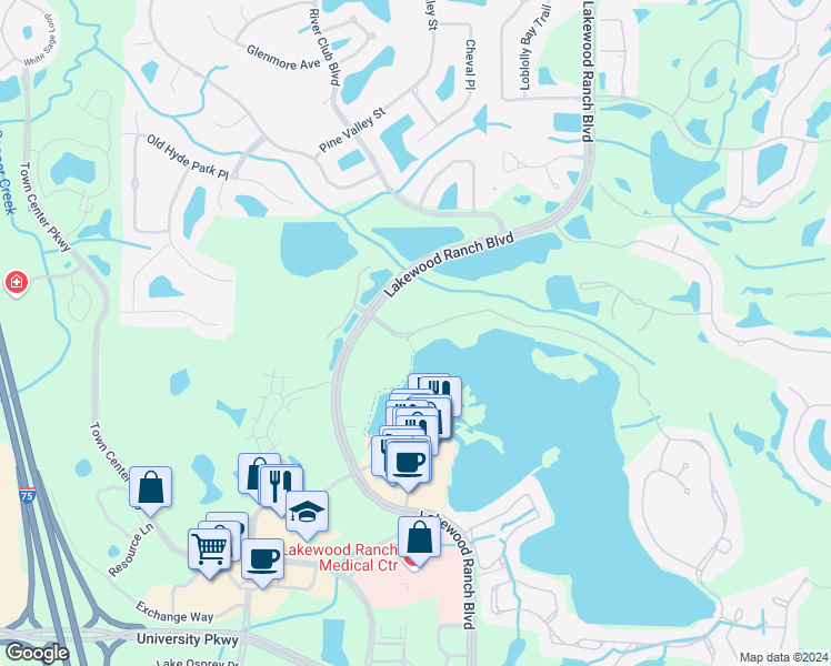 map of restaurants, bars, coffee shops, grocery stores, and more near 6310 Water Crest Way in Bradenton