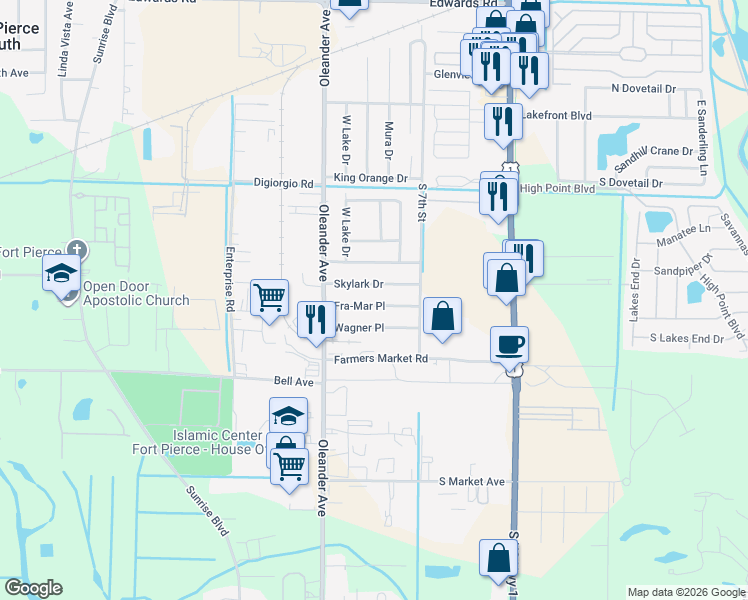 map of restaurants, bars, coffee shops, grocery stores, and more near 929 Fra-Mar Place in Fort Pierce