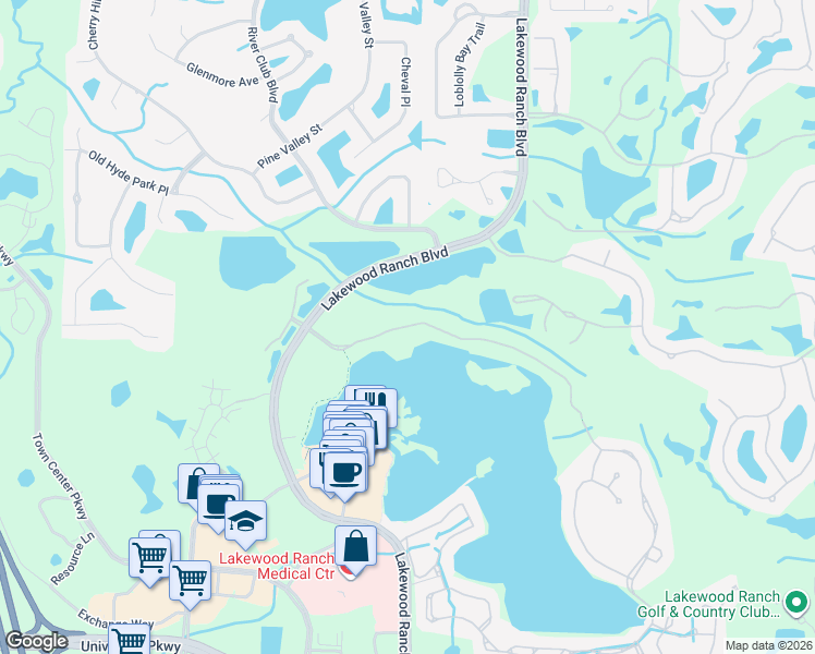 map of restaurants, bars, coffee shops, grocery stores, and more near 6390 Water Crest Way in Lakewood Ranch
