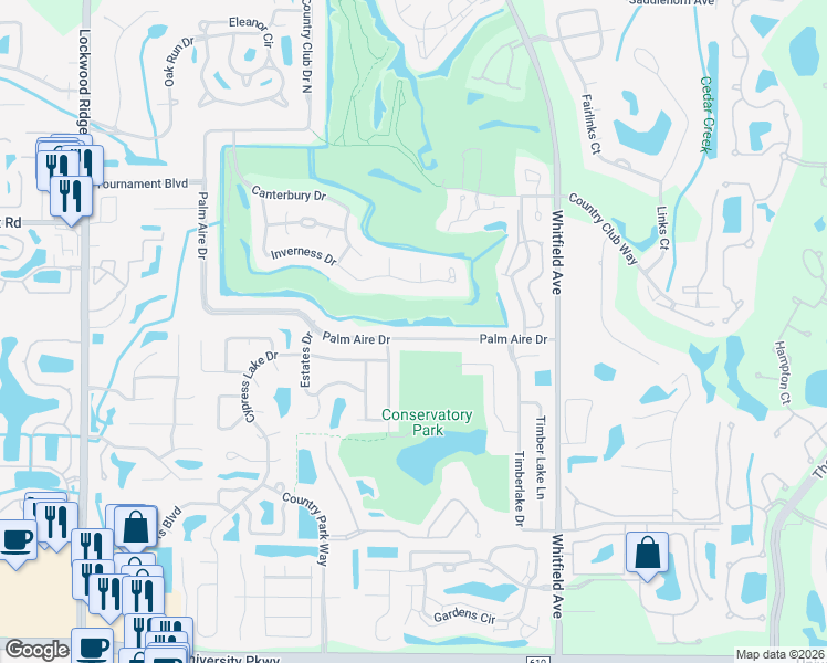 map of restaurants, bars, coffee shops, grocery stores, and more near 5416 Palm Aire Drive in Sarasota