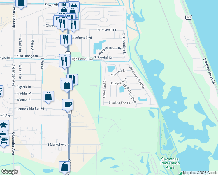 map of restaurants, bars, coffee shops, grocery stores, and more near 319 Colony Lane in Fort Pierce
