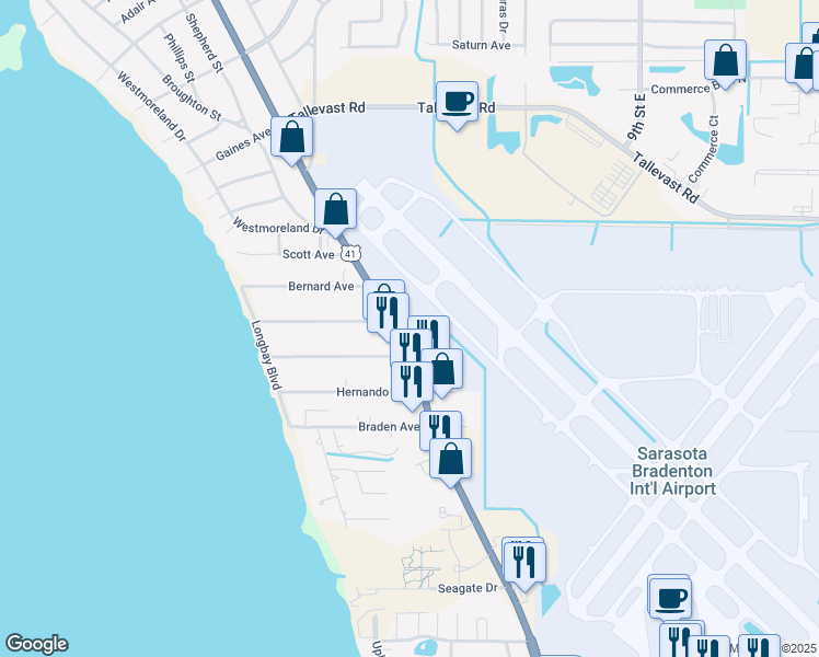 map of restaurants, bars, coffee shops, grocery stores, and more near 7947 North Tamiami Trail in Sarasota