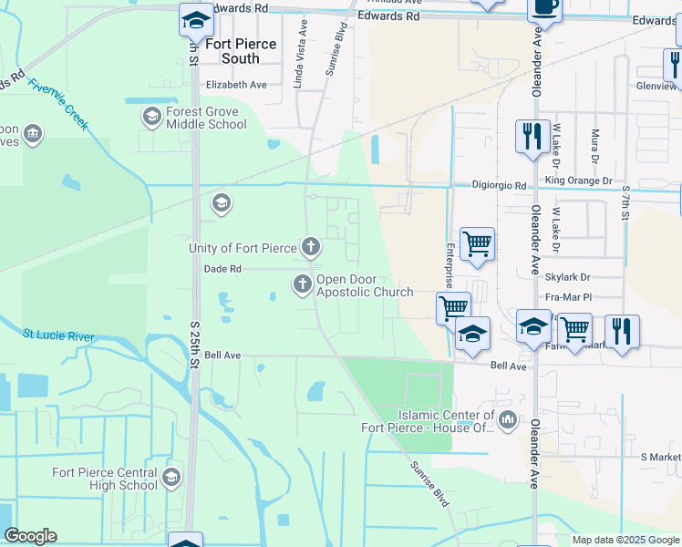 map of restaurants, bars, coffee shops, grocery stores, and more near 3430 Southern Pines Drive in Fort Pierce