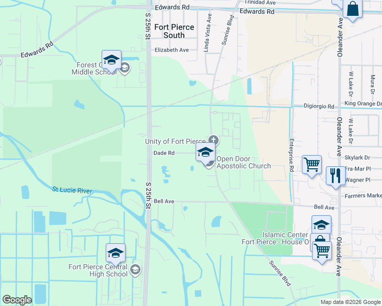 map of restaurants, bars, coffee shops, grocery stores, and more near 1408 Dade Road in Fort Pierce