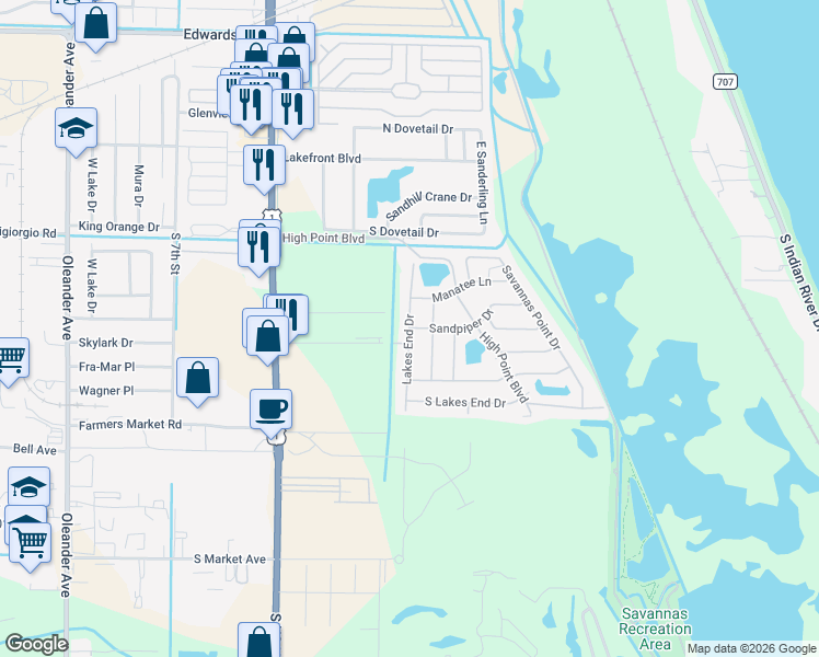 map of restaurants, bars, coffee shops, grocery stores, and more near 319 Colony Lane in Fort Pierce