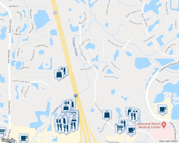 map of restaurants, bars, coffee shops, grocery stores, and more near 9170 77th Terrace East in Bradenton