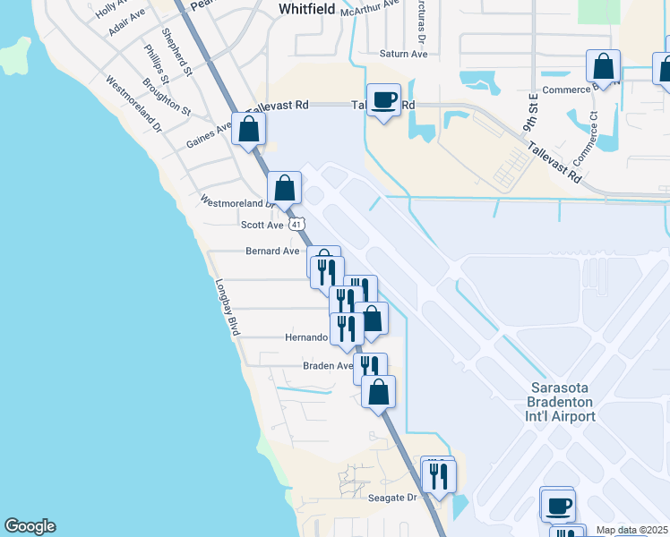 map of restaurants, bars, coffee shops, grocery stores, and more near 7891 North Tamiami Trail in Sarasota