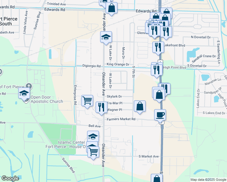 map of restaurants, bars, coffee shops, grocery stores, and more near 921 Revels Lane in Fort Pierce