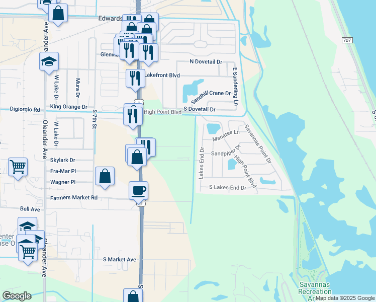 map of restaurants, bars, coffee shops, grocery stores, and more near 205 Southland Drive in Fort Pierce