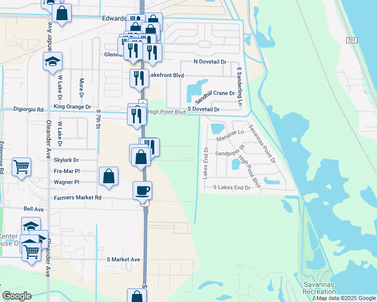 map of restaurants, bars, coffee shops, grocery stores, and more near 205 Southland Drive in Fort Pierce