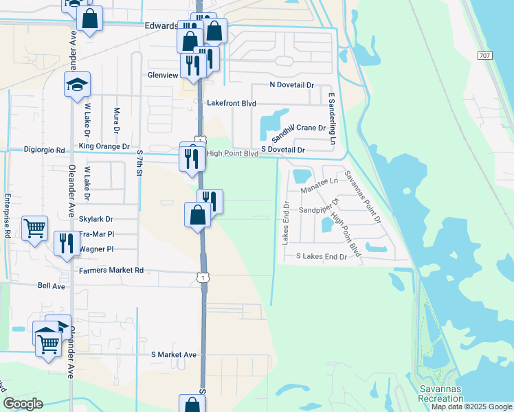 map of restaurants, bars, coffee shops, grocery stores, and more near 207 Southland Drive in Fort Pierce