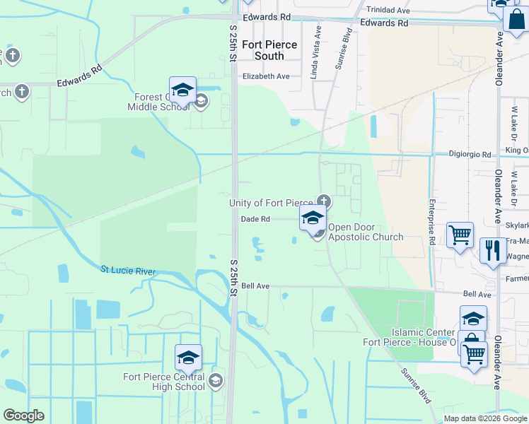 map of restaurants, bars, coffee shops, grocery stores, and more near 2210 Dade Road in Fort Pierce