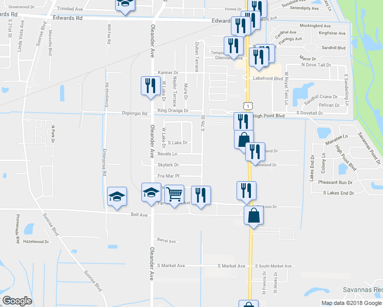 map of restaurants, bars, coffee shops, grocery stores, and more near 3529 Vernon Street in Fort Pierce
