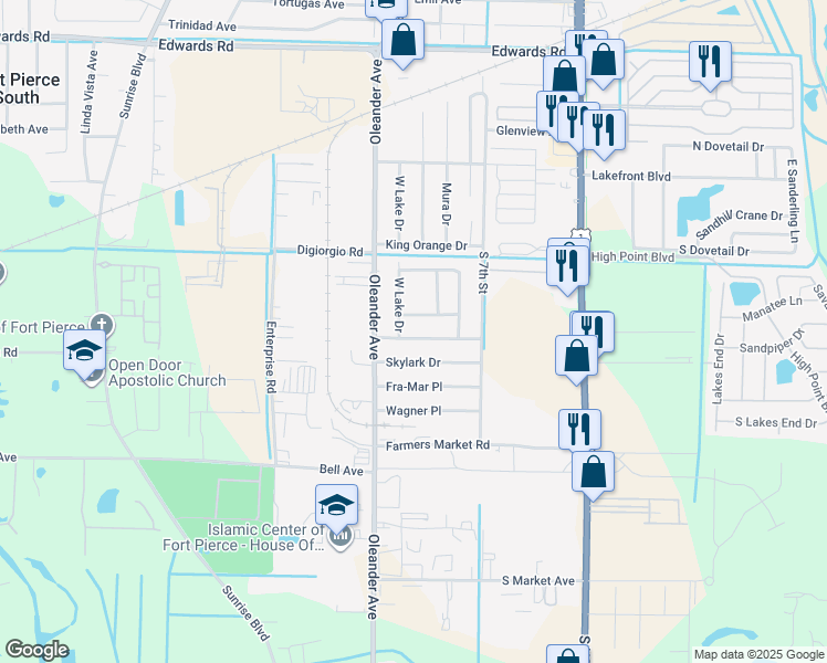map of restaurants, bars, coffee shops, grocery stores, and more near 921 Revels Lane in Fort Pierce