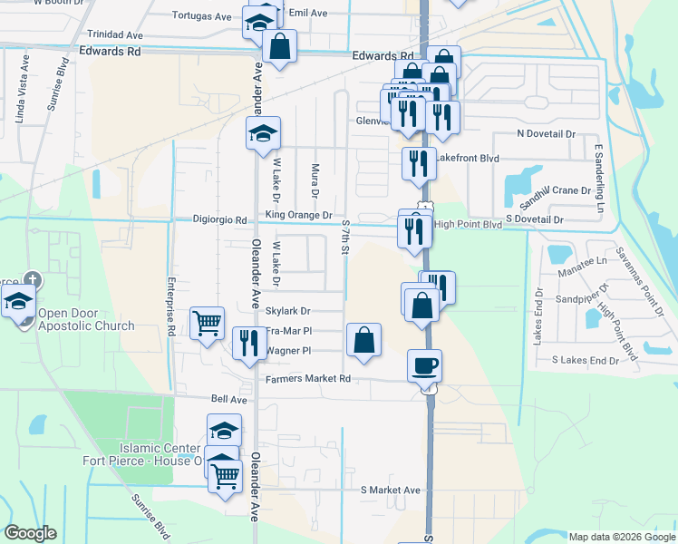 map of restaurants, bars, coffee shops, grocery stores, and more near 3517 South 7th Street in Fort Pierce