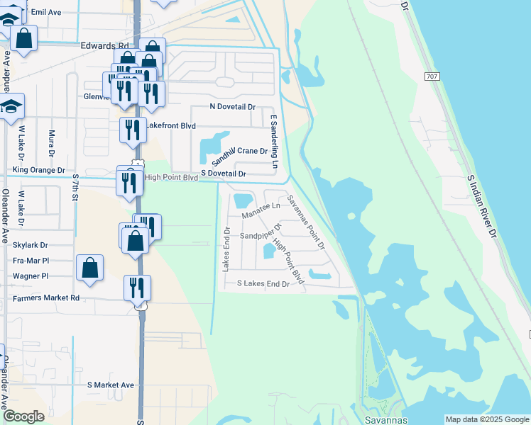 map of restaurants, bars, coffee shops, grocery stores, and more near 421 Sandpiper Drive in Fort Pierce