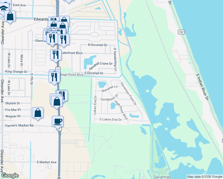 map of restaurants, bars, coffee shops, grocery stores, and more near 215 Manatee Lane in Fort Pierce