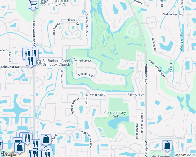 map of restaurants, bars, coffee shops, grocery stores, and more near 5215 Inverness Drive in Sarasota