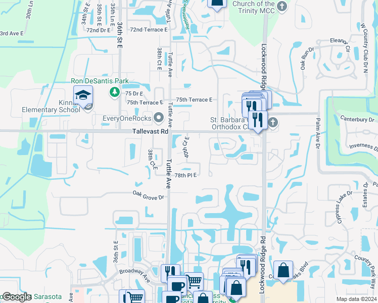 map of restaurants, bars, coffee shops, grocery stores, and more near 7729 40th Court East in Sarasota