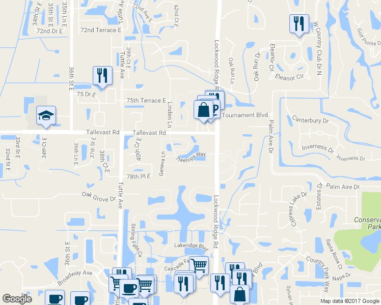 map of restaurants, bars, coffee shops, grocery stores, and more near 7801 Treetops Way in Sarasota