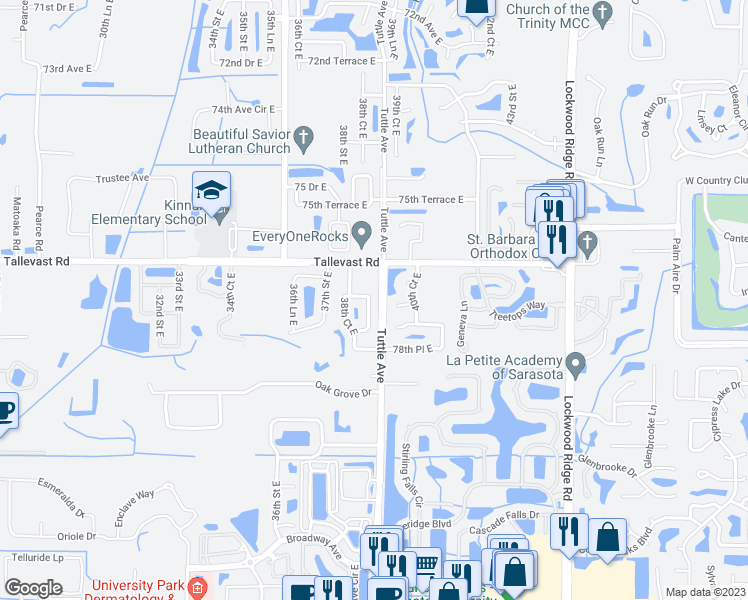 map of restaurants, bars, coffee shops, grocery stores, and more near 3813 78th Avenue Circle East in Sarasota